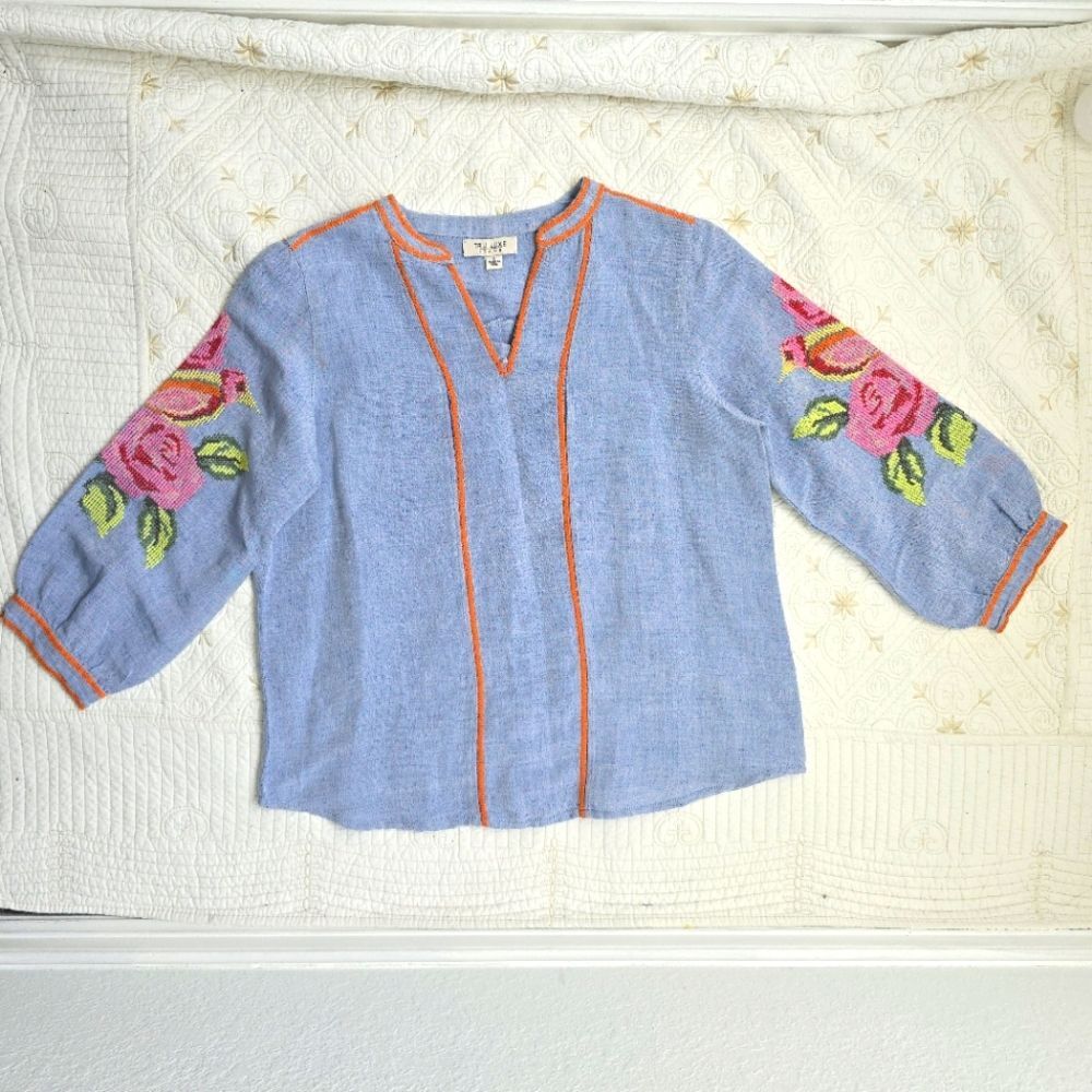 True Luxe Jeans Embroidered Popover Linen Top Sz S Floral Boho Cottage - Picture 2 of 7